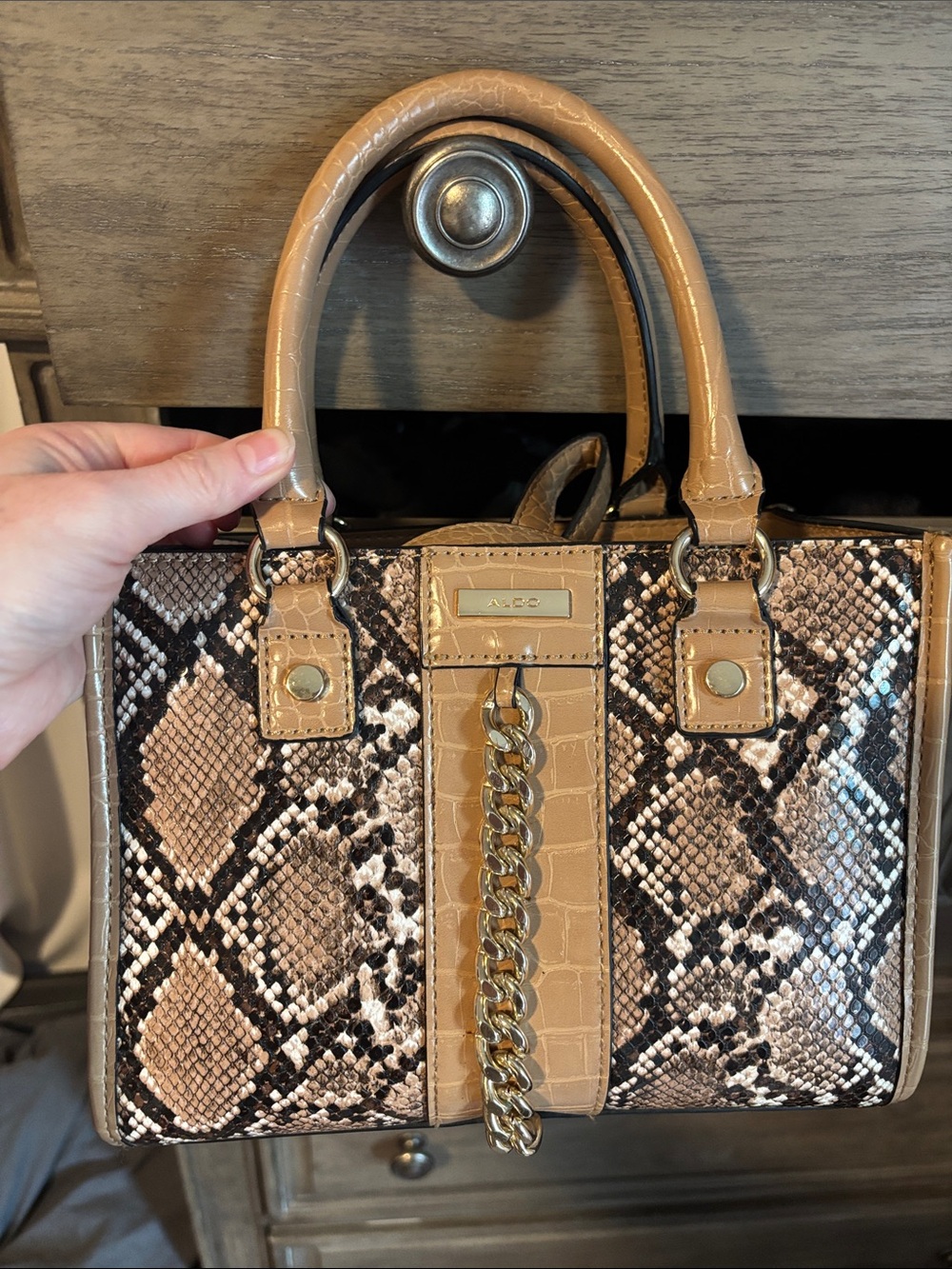 Aldo Tan & Snake-Print Satchel with Gold Chain Detail with attachable strap